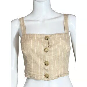 June & Hudson Crop Top Womens M Beige Cotton Linen Striped Button Sleeveless